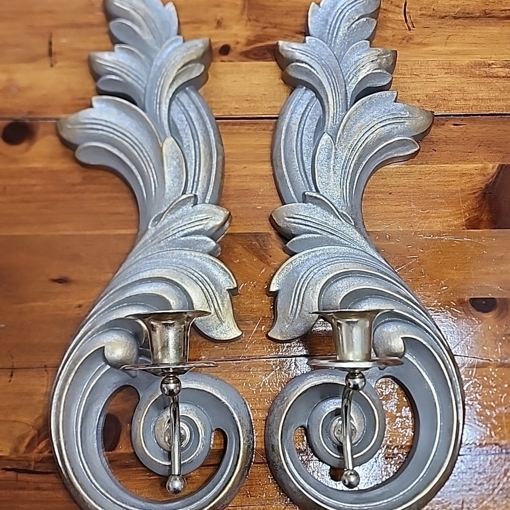 HOME INTERIORS Vintage Ornate Scroll Wall Sconces in Silver-Grey & Gold